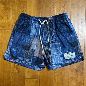 RYOKO RAINS Blue Patchwork Athletic Mesh Shorts Size XL Drawstring Pockets